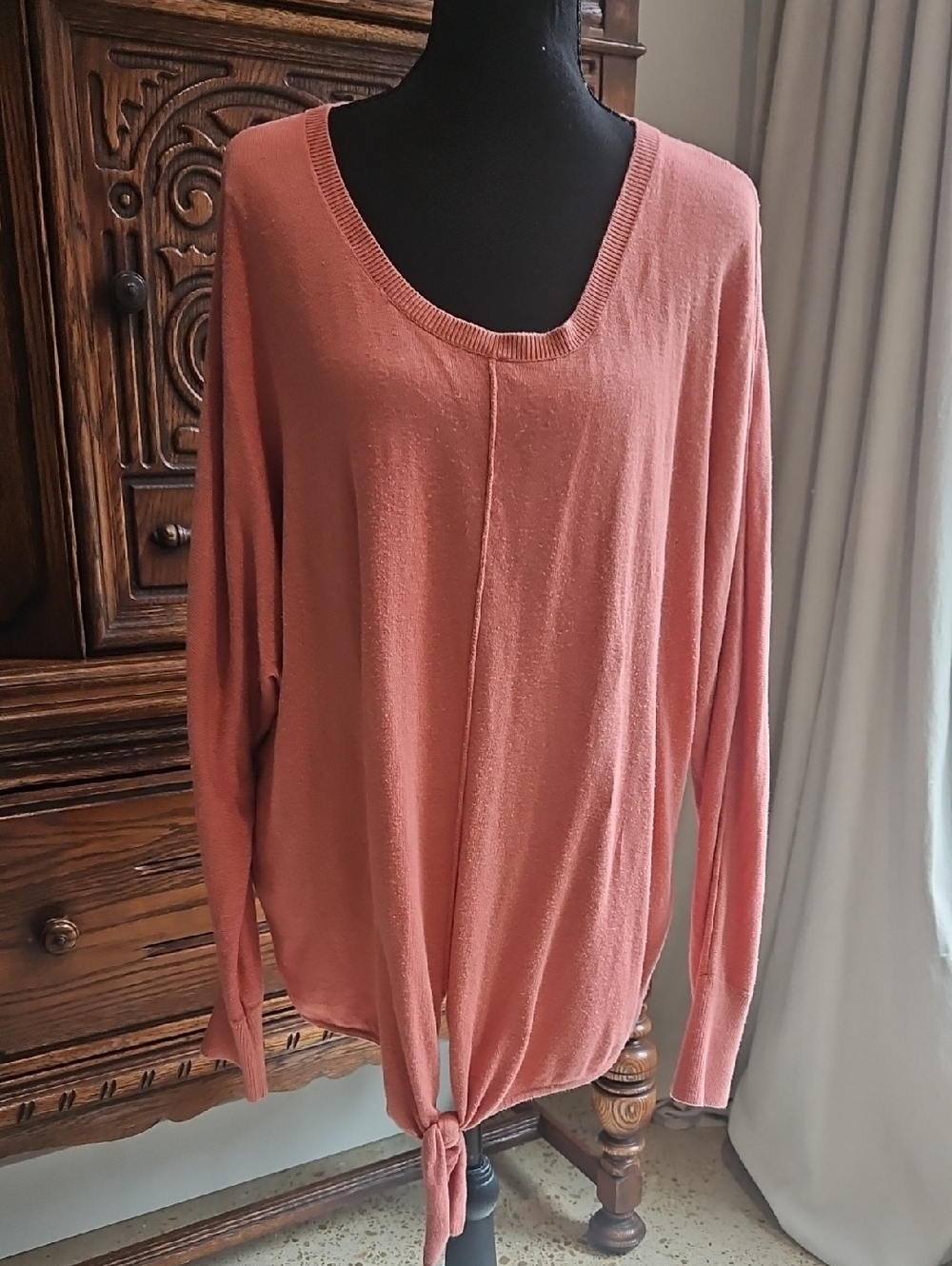 Style & Co. Dusty Rose Tie-Front Scoop Neck Sweater. Size L